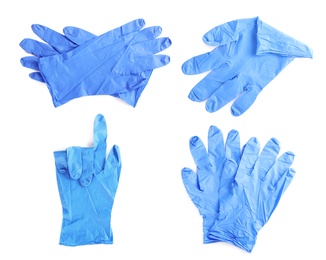 Set of medical gloves on white background, top view