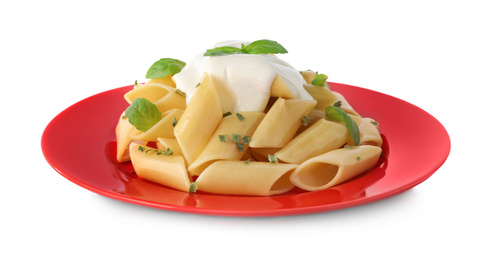 Tasty pasta with sauce and basil isolated on white