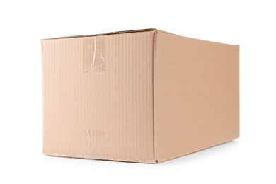 Photo of Cardboard box on white background. Mockup for design