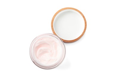 Photo of Jar of face cream isolated on white, top view