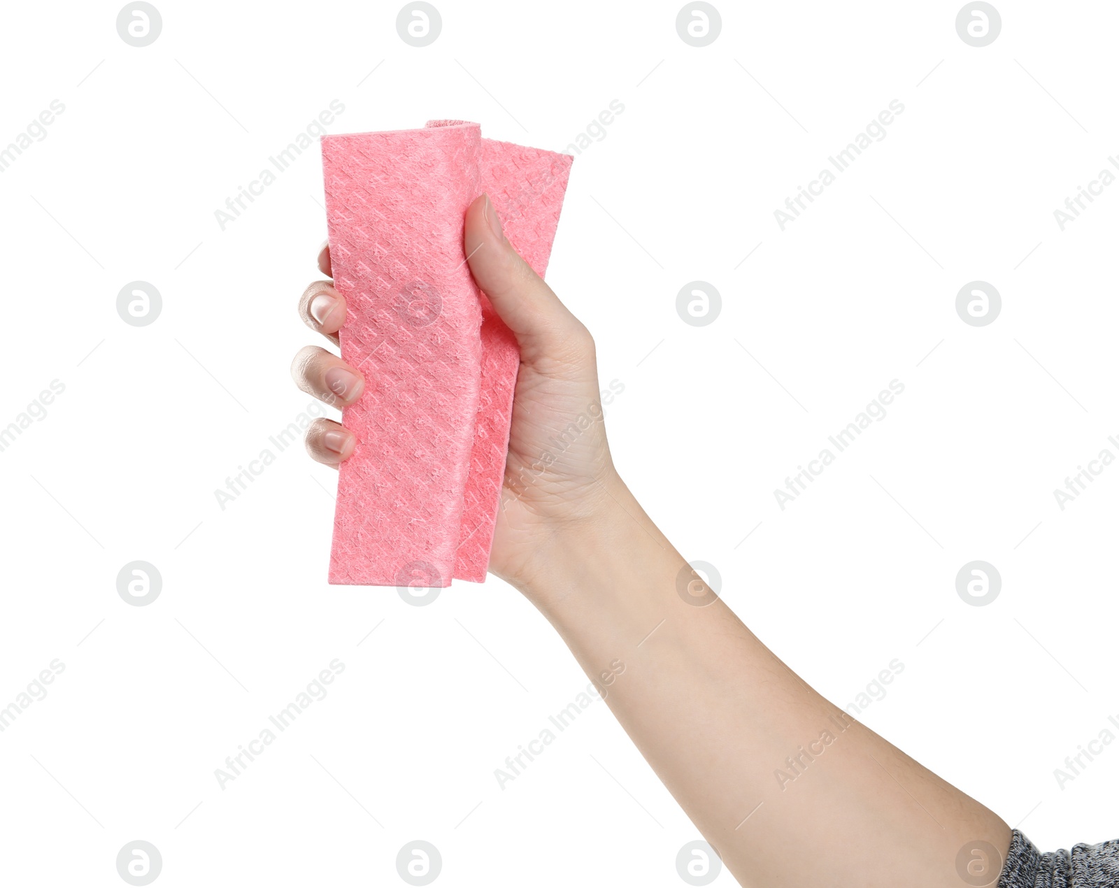 Photo of Woman with rag on white background, closeup of hand