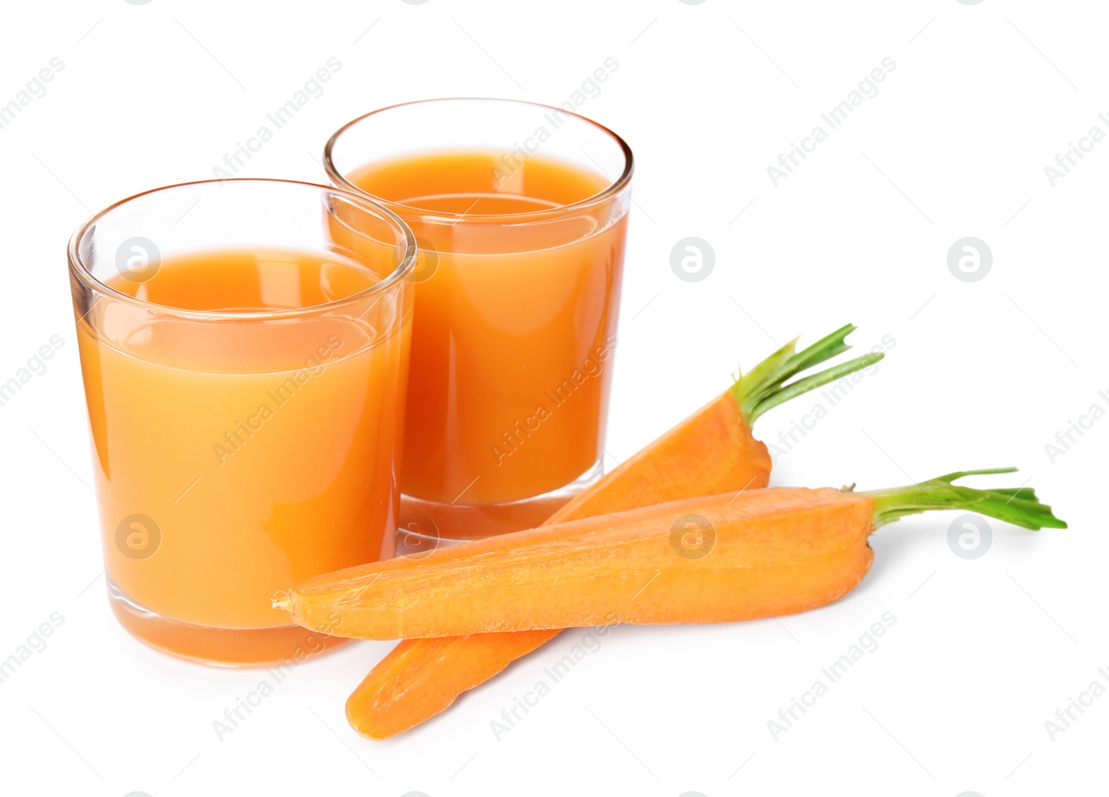 Photo of Freshly made carrot juice on white background