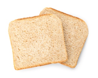 Photo of Slices of wheat bread isolated on white, top view