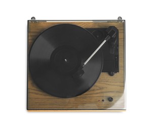 Photo of Modern vinyl record player with disc isolated on white, top view