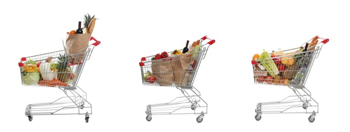 Image of Set with shopping carts full of groceries on white background. Banner design