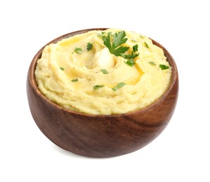 Photo of Bowl of freshly cooked mashed potatoes with parsley isolated on white