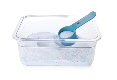 Photo of Plastic container with laundry powder and measuring spoon isolated on white