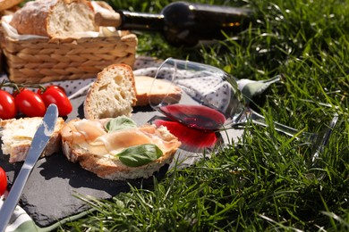 Photo of Blanket with wine and snacks for picnic on green grass