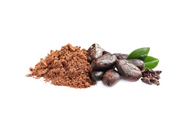 Pile of aromatic cocoa beans with leaves and powder isolated on white