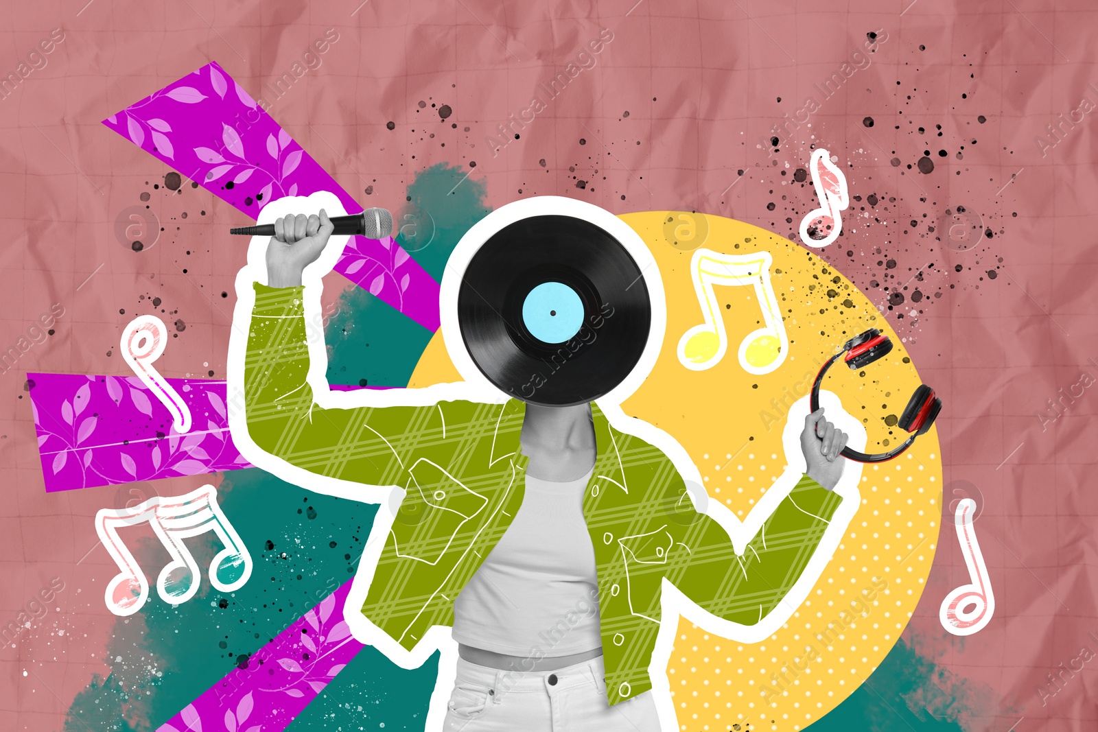 Image of Clubber with vinyl record instead of head dancing on bright background, creative collage. Stylish art design