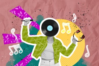 Clubber with vinyl record instead of head dancing on bright background, creative collage. Stylish art design