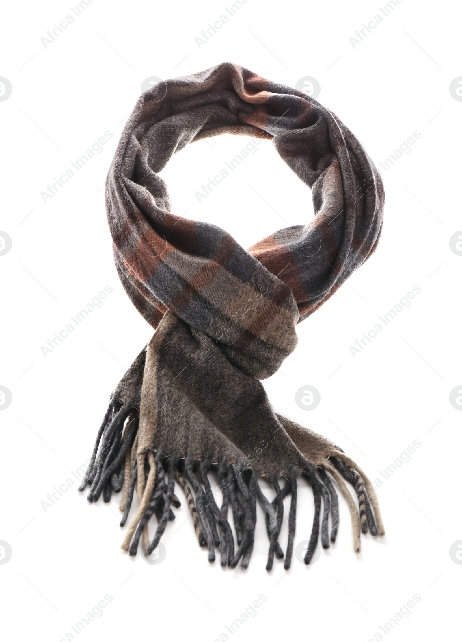 Photo of Warm scarf isolated on white. Stylish accessory