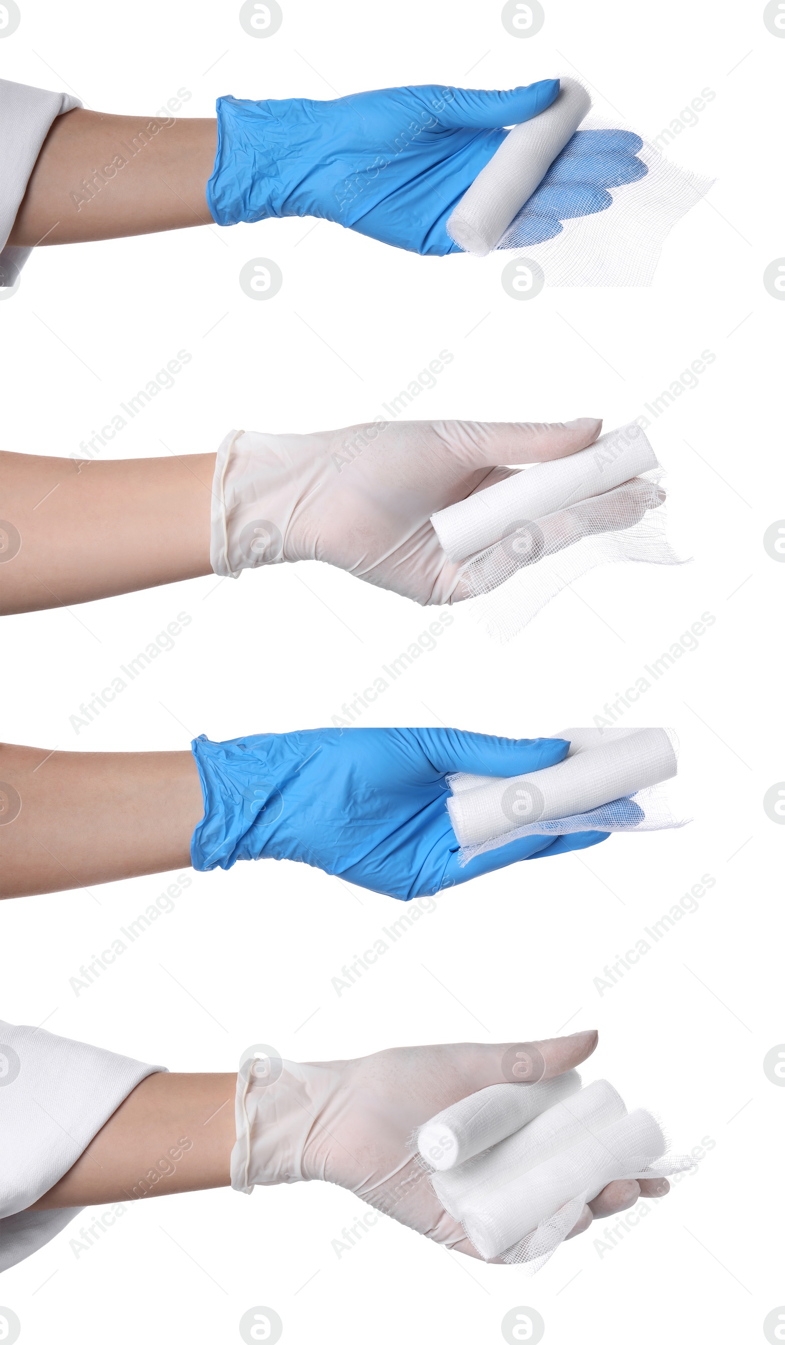 Image of Collage with photos of doctors holding gauze bandages on white background, closeup