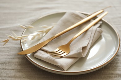 Photo of Stylish setting with cutlery, napkin and plate on light table, closeup