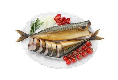 Plate with delicious smoked mackerels and products on white background, top view