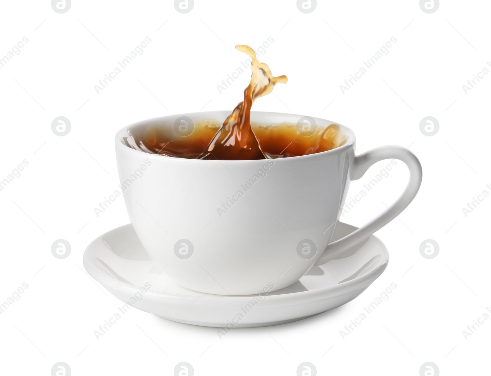 Photo of Cup with splashing coffee isolated on white