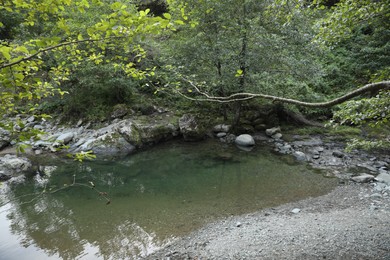 Photo of Beautiful view of small river and stone coast outdoors