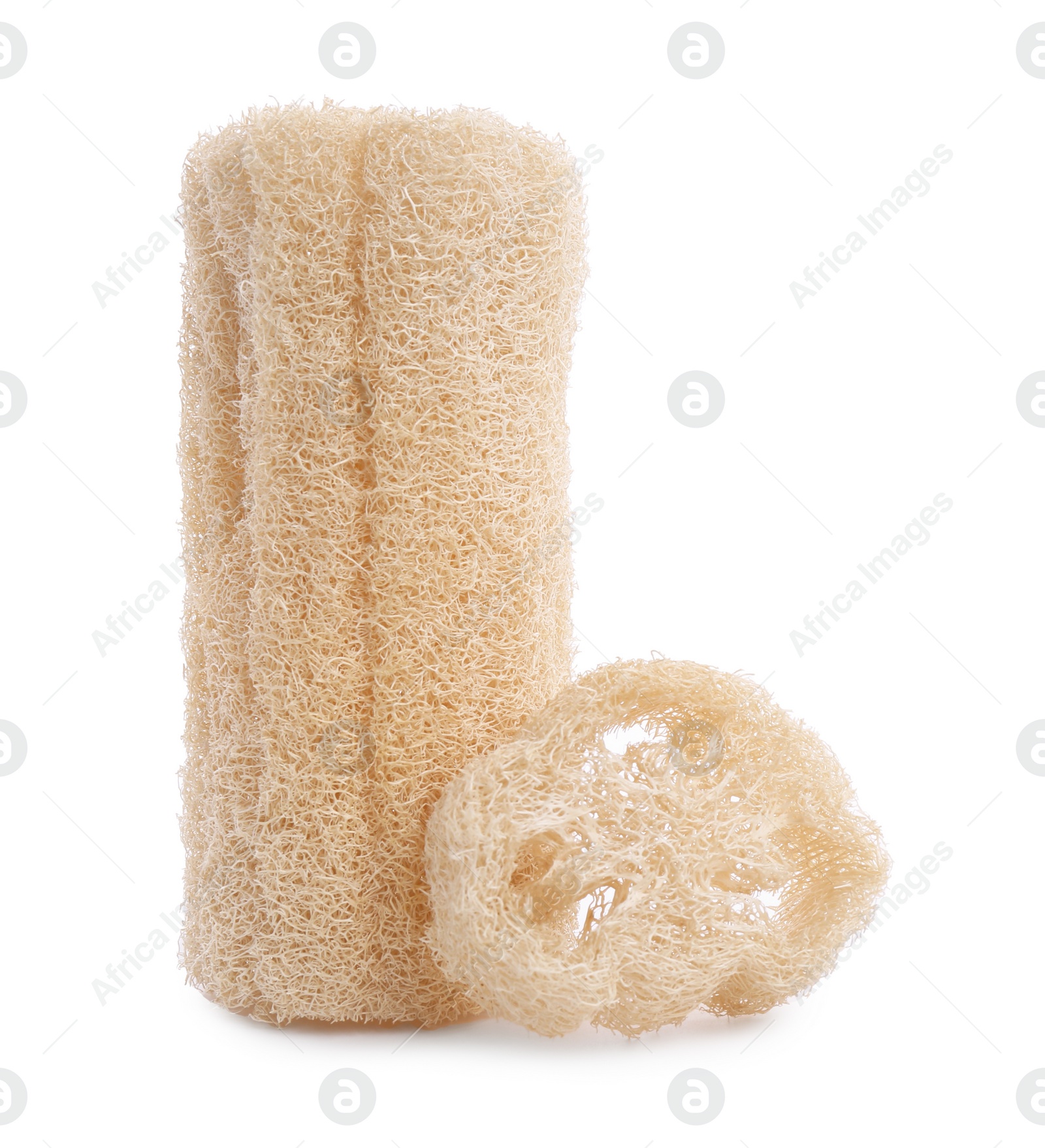 Photo of Loofah sponges isolated on white. Personal hygiene product