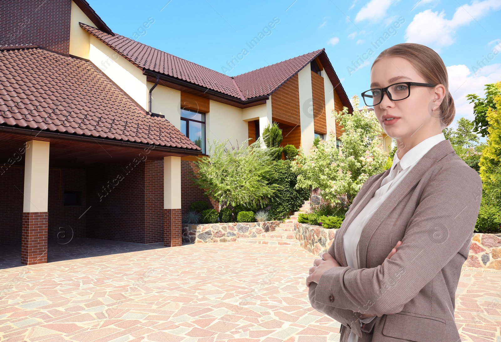 Image of Real estate agent against modern house with garden. Space for text