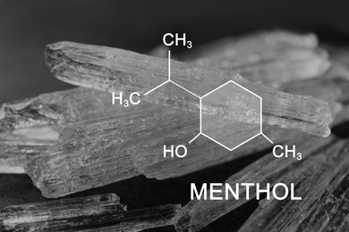 Image of Illustration of chemical formula and menthol crystals on grey background, closeup view 