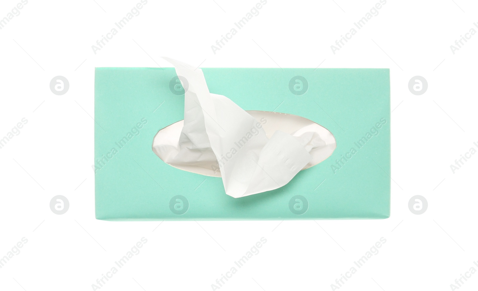 Photo of Box with paper tissues isolated on white, top view