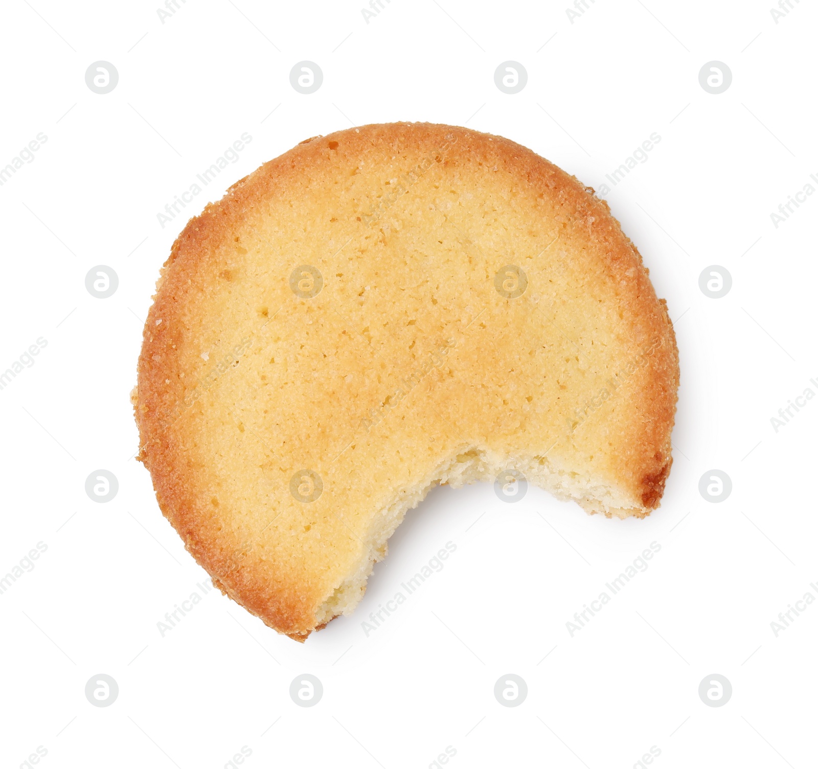 Photo of Bitten sweet sugar cookie isolated on white, top view