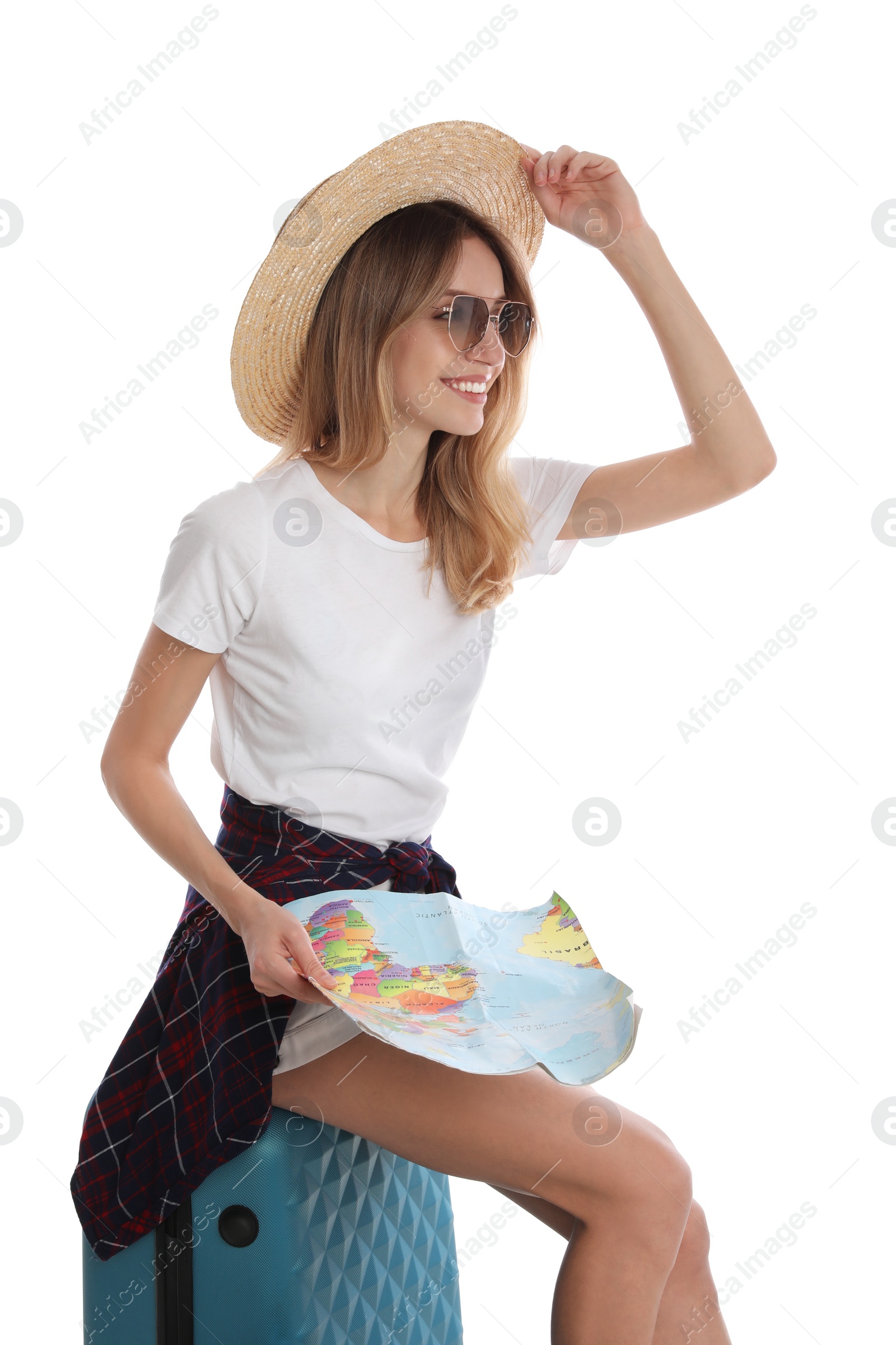 Photo of Woman with map and suitcase on white background. Summer travel