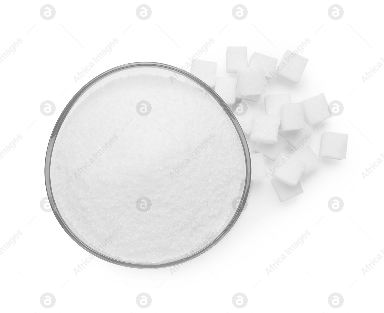 Photo of Different types of sugar isolated on white, top view