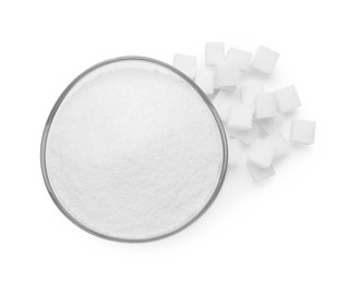 Different types of sugar isolated on white, top view