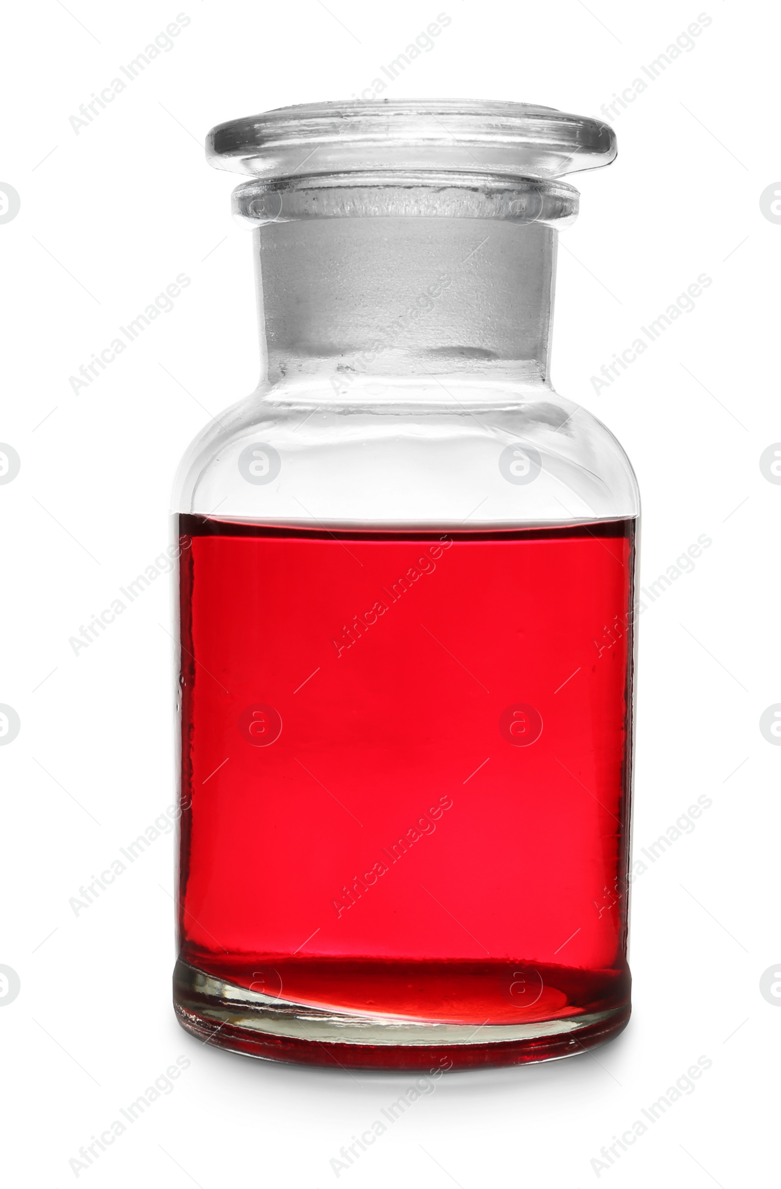 Image of Glass apothecary bottle with red liquid sample isolated on white. Laboratory analysis