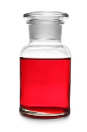 Glass apothecary bottle with red liquid sample isolated on white. Laboratory analysis