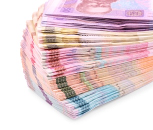 Photo of Ukrainian money on white background, closeup. National currency