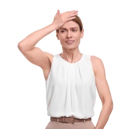 Photo of Portrait of beautiful emotional businesswoman on white background