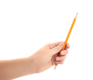 Photo of Woman holding pencil on white background, closeup