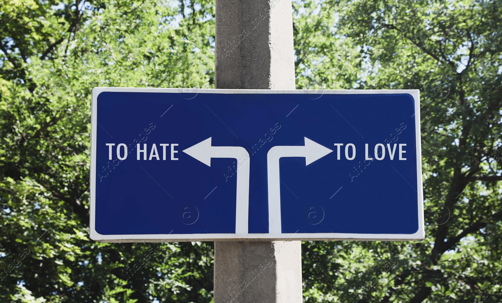 Image of Road sign with different directions - TO HATE or TO LOVE outdoors