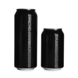 Photo of Aluminum cans with water drops on white background. Mockup for design