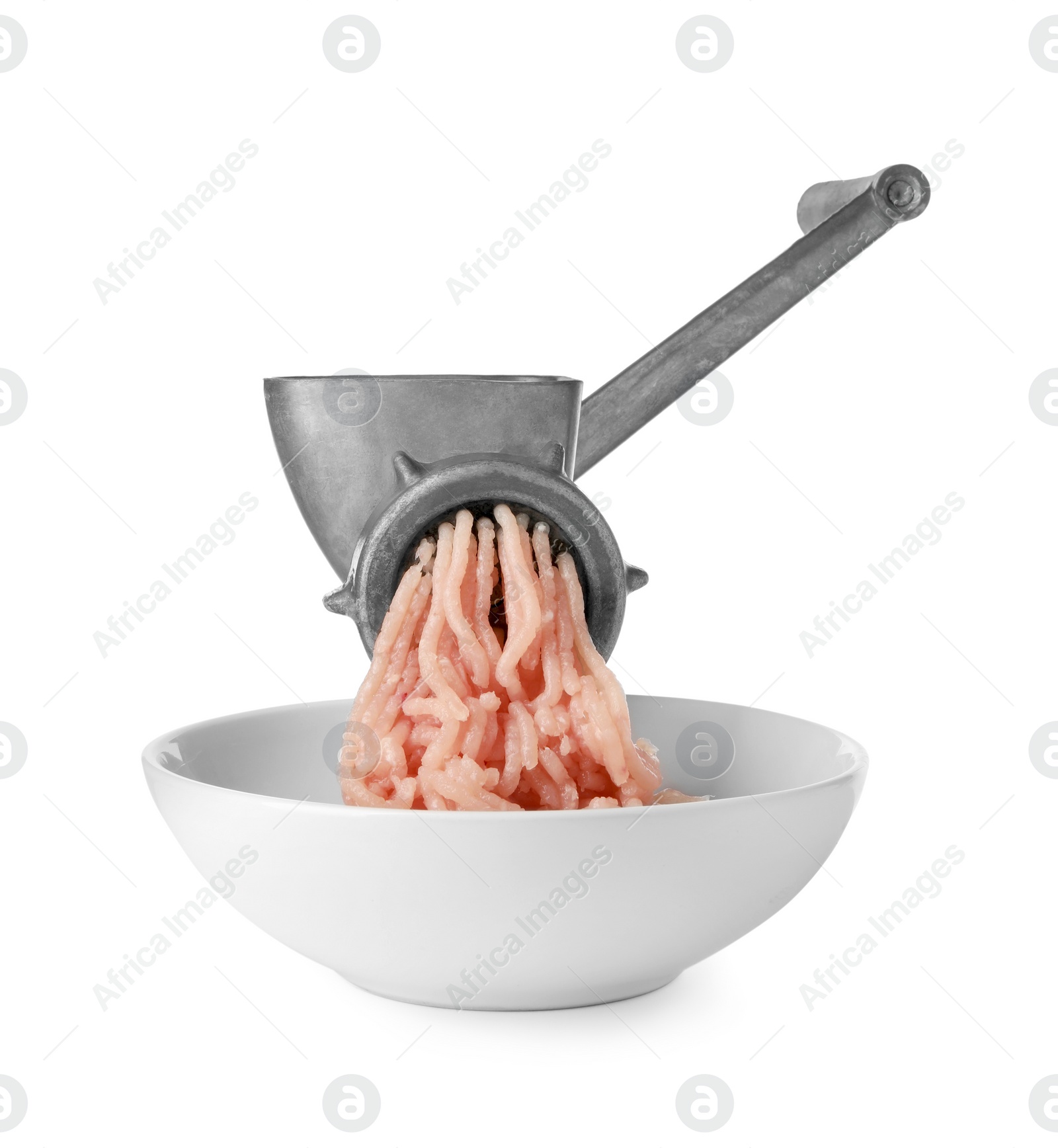 Photo of Metal meat grinder with chicken mince and bowl isolated on white