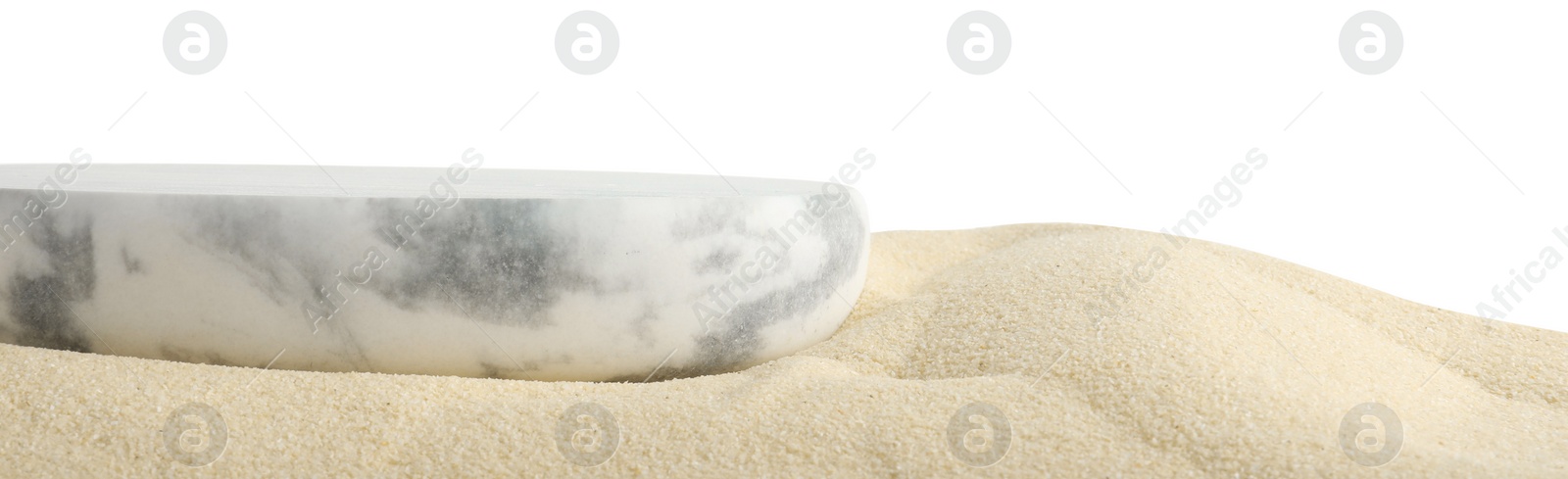 Photo of Presentation of product. Stone podium on sand against white background