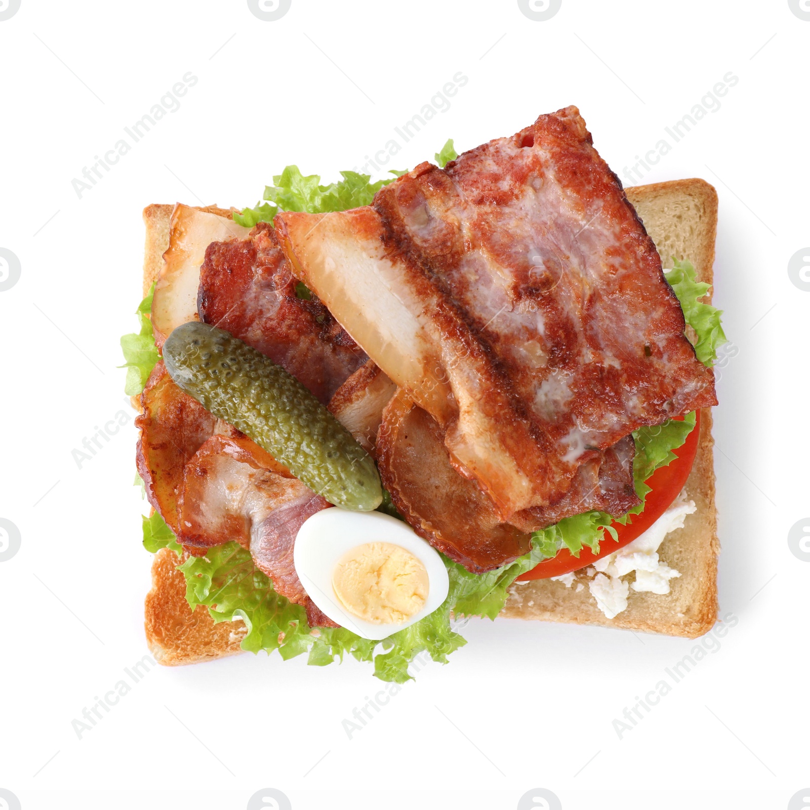 Photo of Tasty sandwich with bacon isolated on white