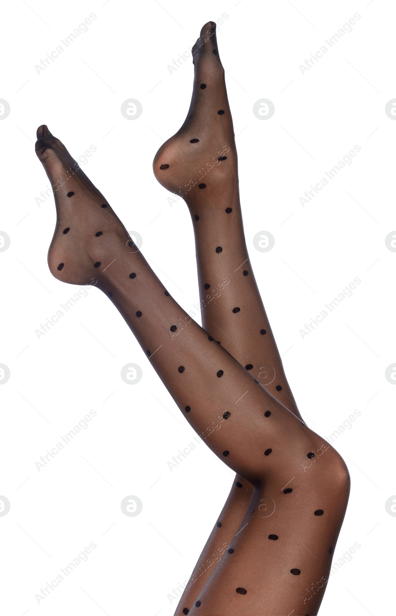 Photo of Woman wearing black tights on white background, closeup