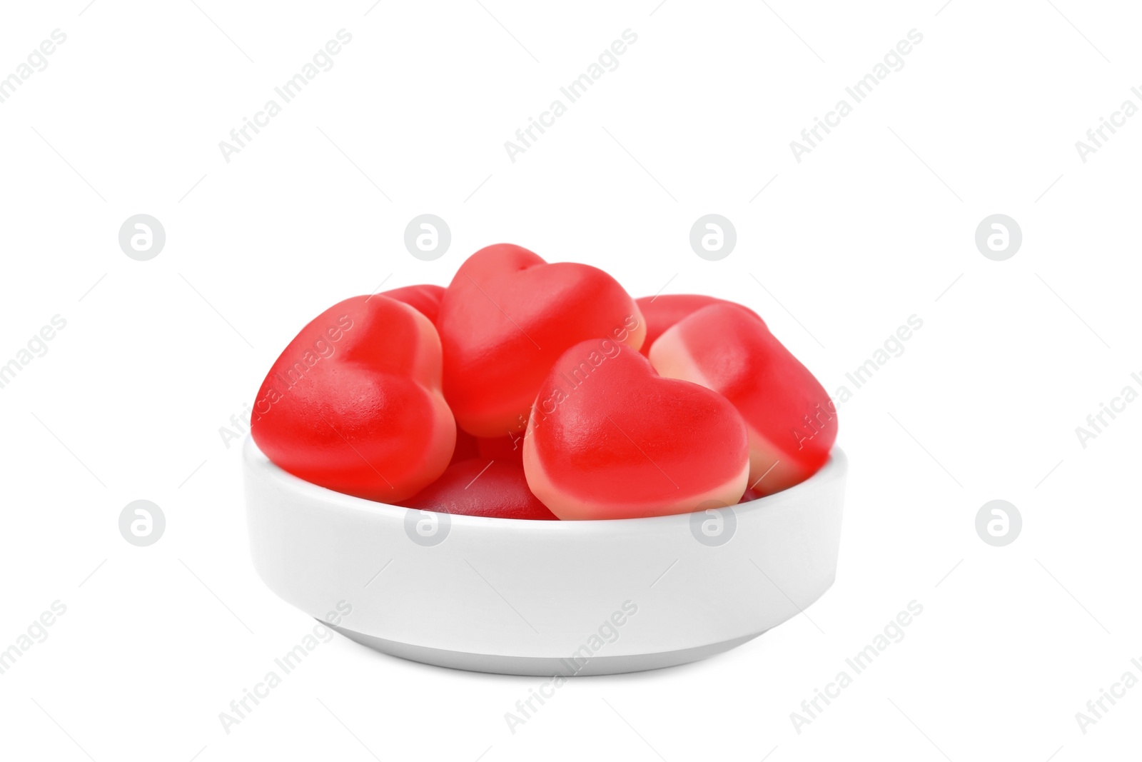 Photo of Bowl with sweet heart shaped jelly candies isolated on white