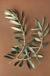 Twigs with fresh green olive leaves on light brown background, top view