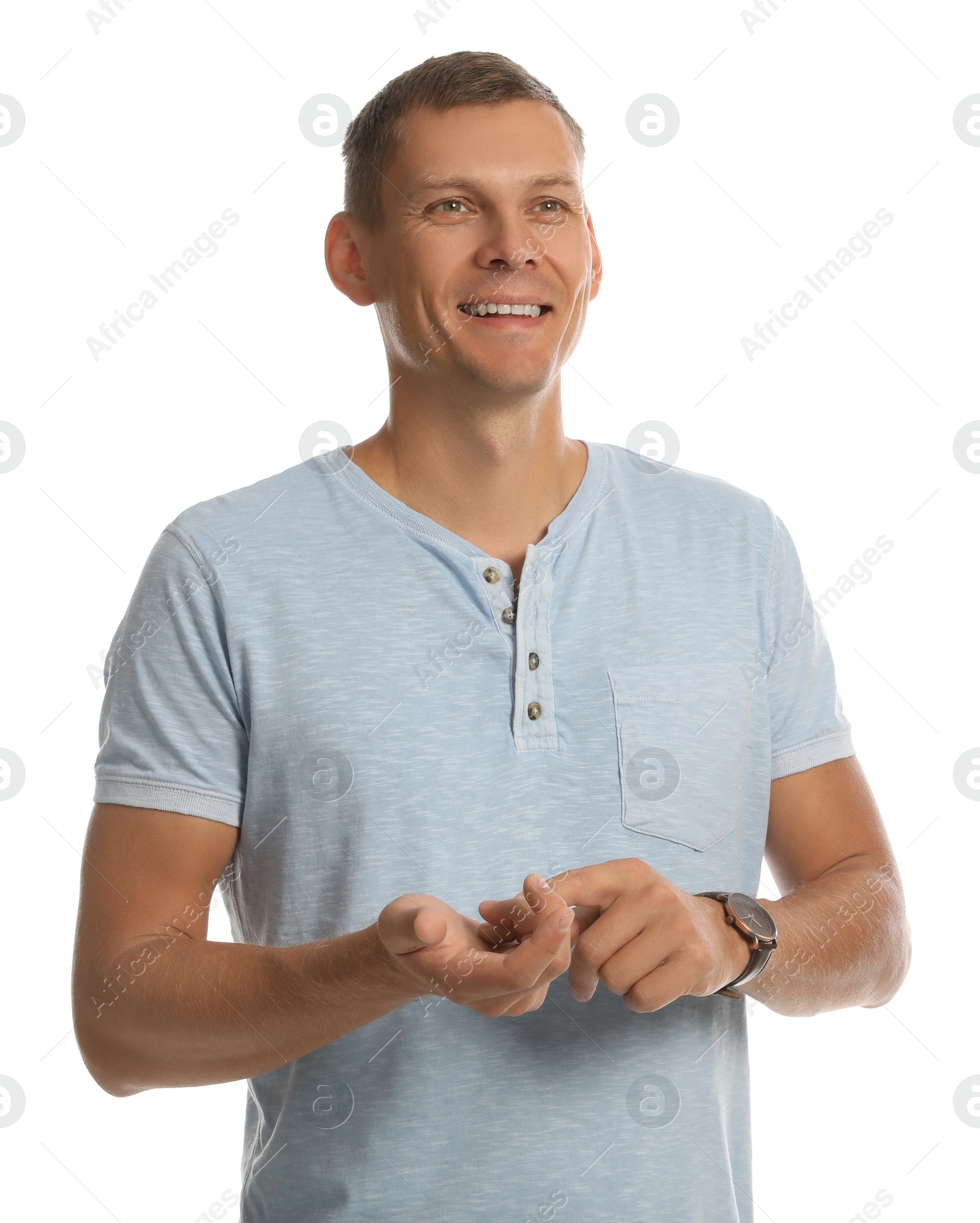 Photo of Man in casual clothes talking on white background