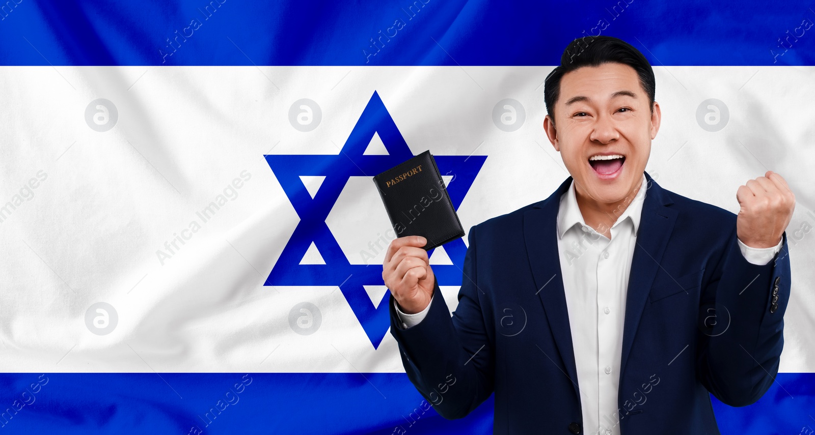 Image of Immigration. Happy man with passport against national flagIsrael, space for text. Banner design