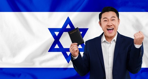 Image of Immigration. Happy man with passport against national flag of Israel, space for text. Banner design