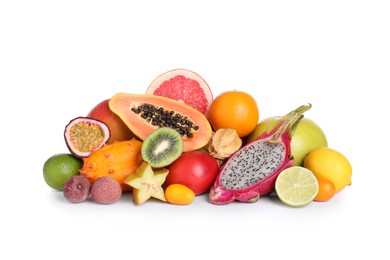 Photo of Different ripe exotic fruits on white background