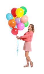 Photo of Young woman holding bunch of colorful balloons on white background