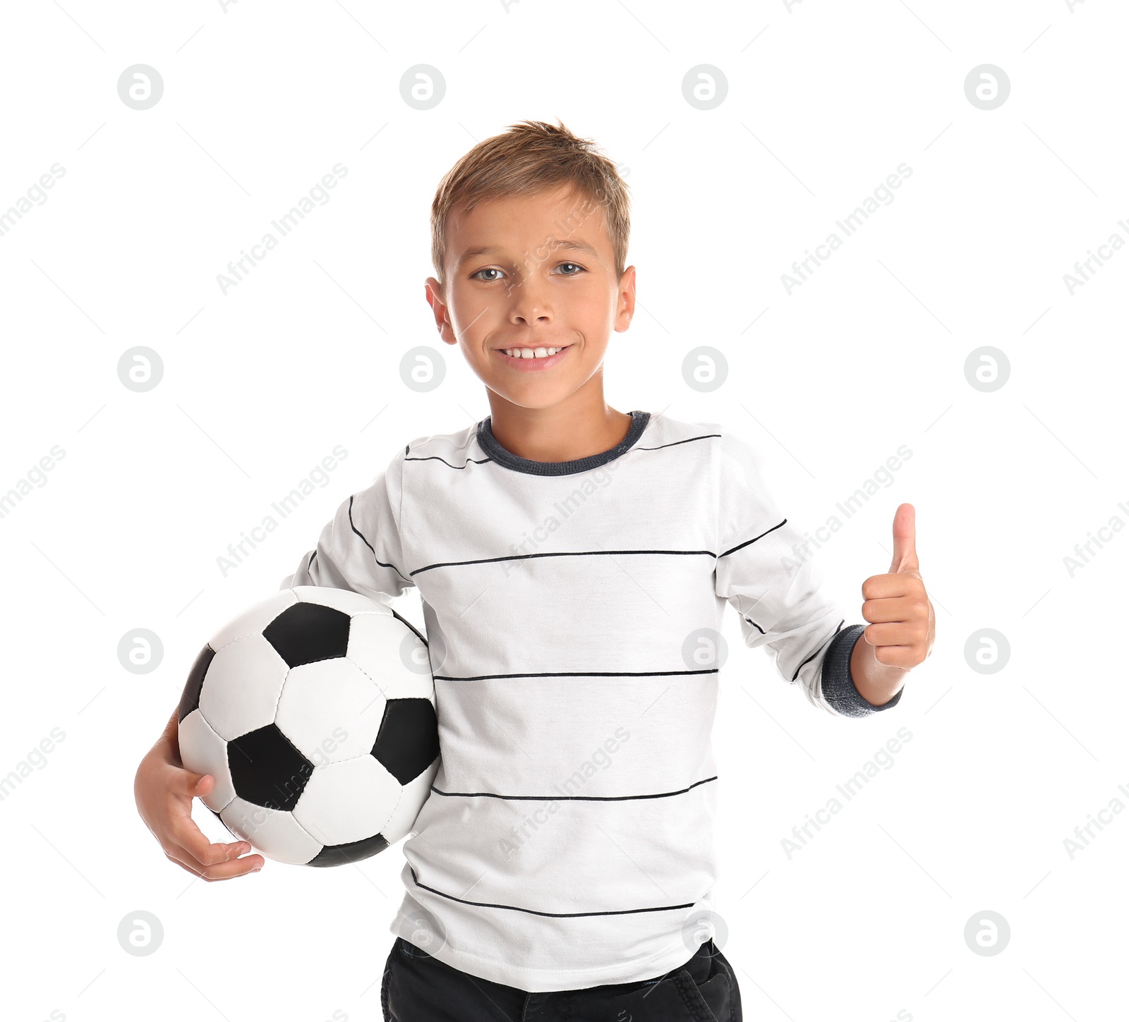 Photo of Adorable little boy with soccer ball on white background