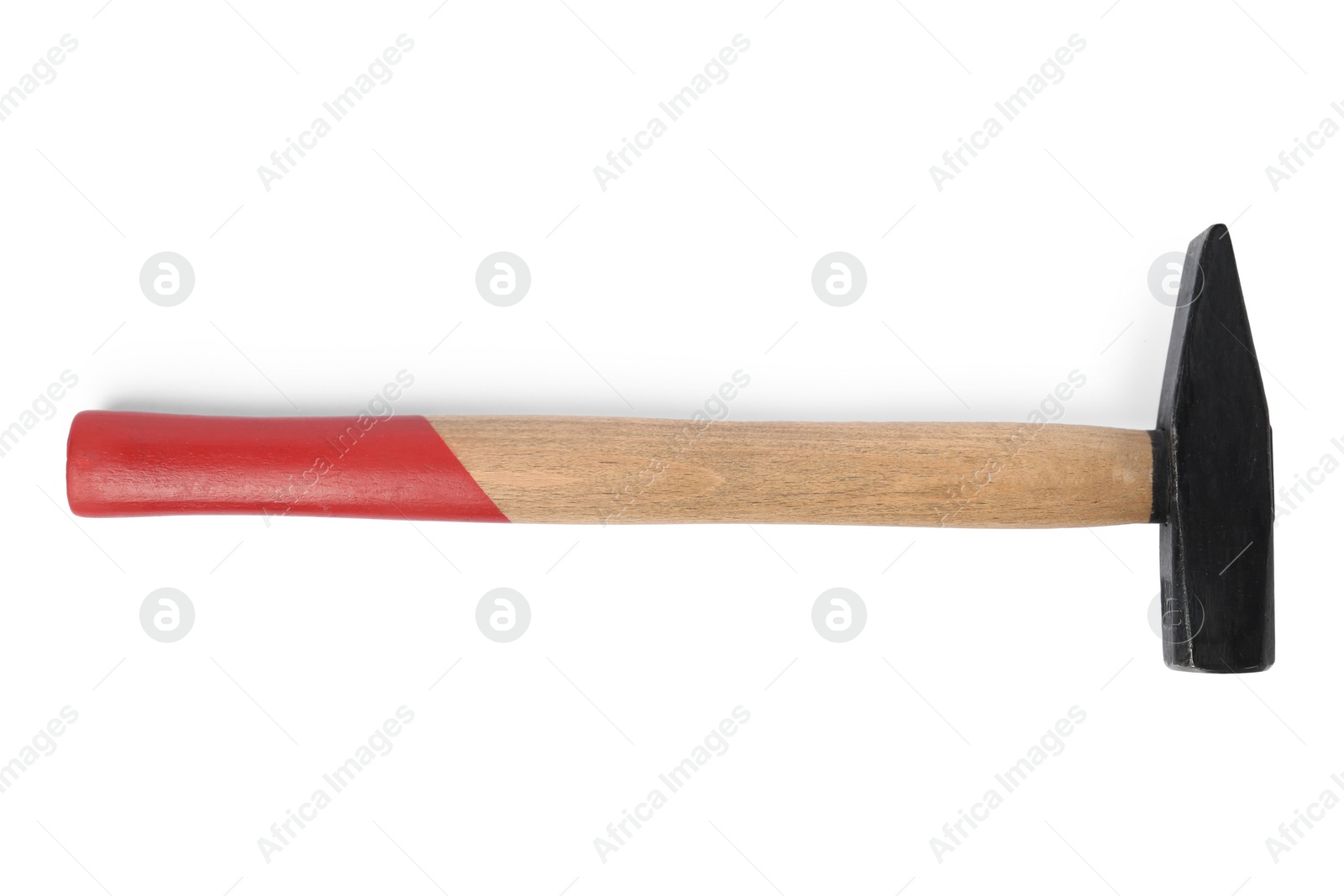 Photo of New hammer with wooden handle isolated on white, top view