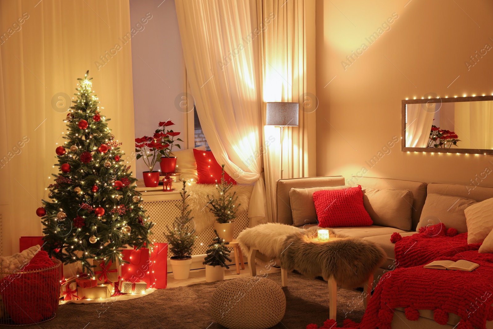 Photo of Living room with Christmas decorations. Festive interior design